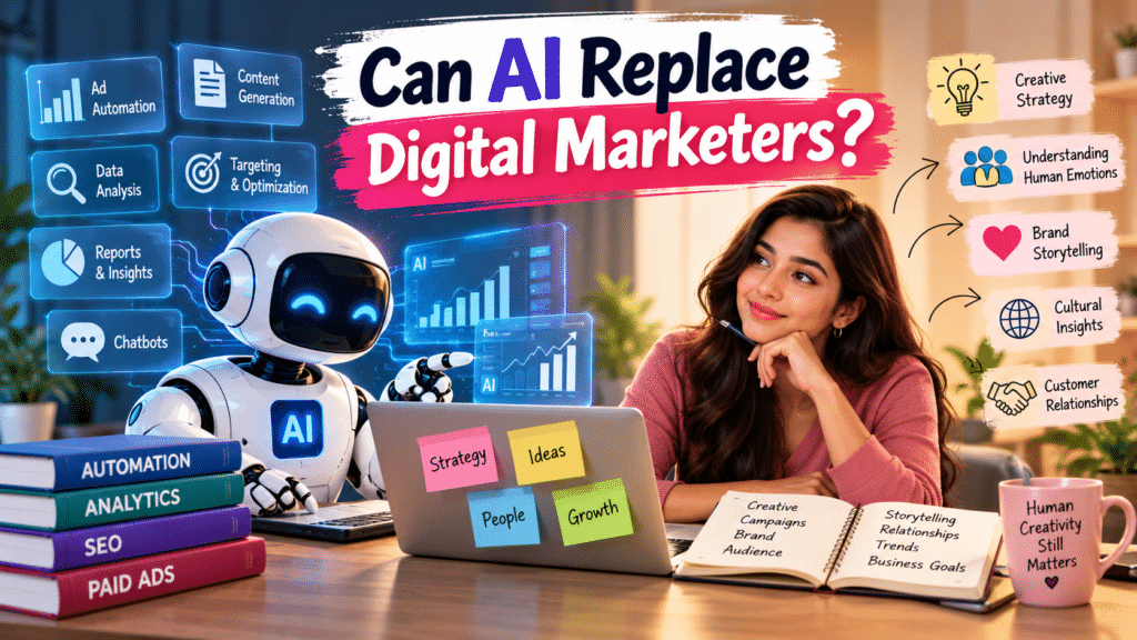 Can AI replace digital marketers? Infographic showing AI tools for automation, data analysis, and reporting alongside human skills in creativity, strategy, storytelling, and customer relationships.