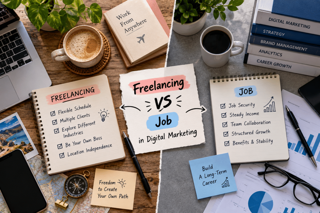 Freelancing vs. job in digital marketing infographic comparing flexible schedules, multiple clients, and independence in freelancing with job security, steady income, teamwork, and career growth in a full-time job.